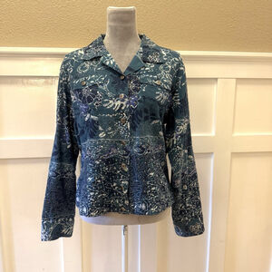 Chico’s Embellished Artsy Boxy Shirt Jacket Size:2 Teal Blue Print Lined Boho